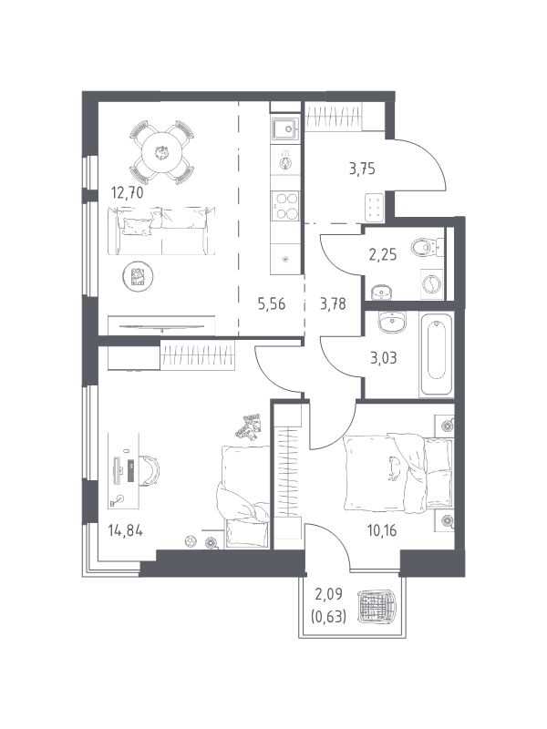3 ккв (Евро) 56,7 м²