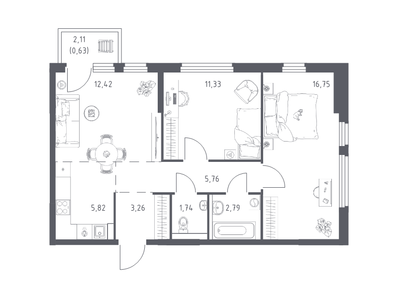 3 ккв (Евро) 60,5 м²