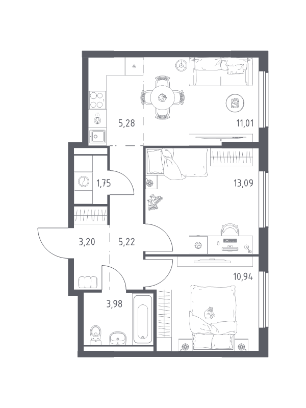 3 ккв (Евро) 54,5 м²