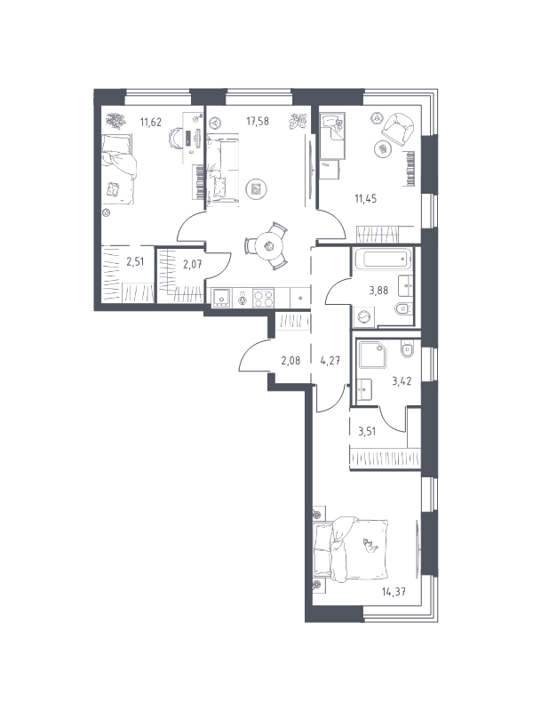 4 ккв (Евро) 76,8 м²