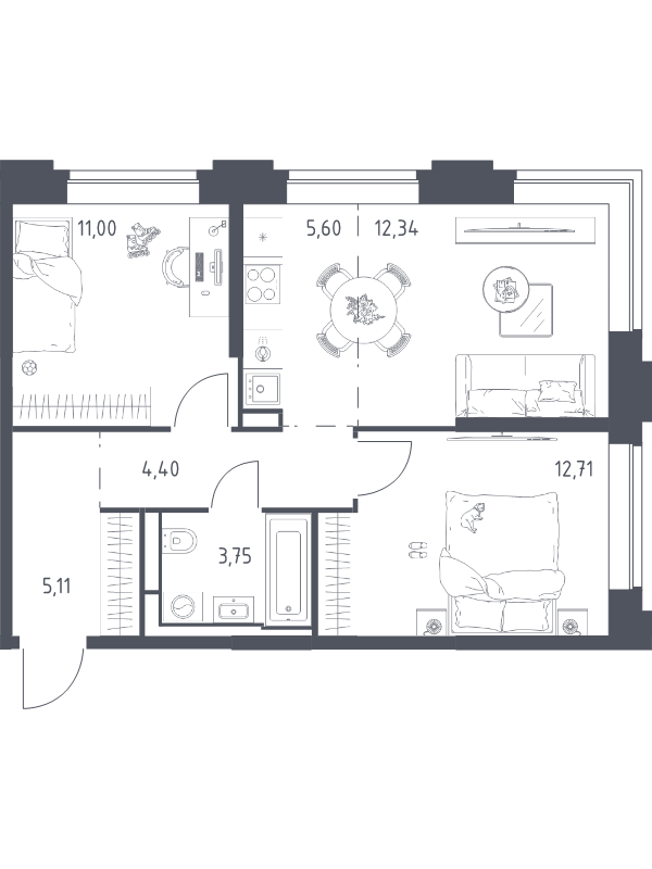 3 ккв (Евро) 54,9 м²