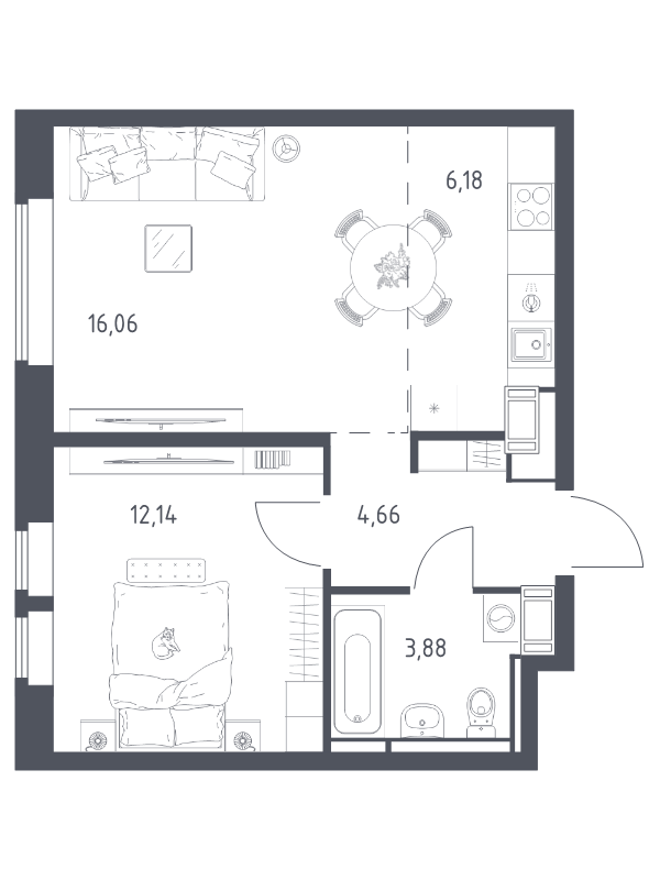 2 ккв (Евро) 42,9 м²
