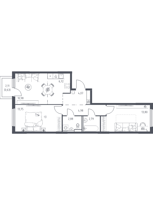 3 ккв (Евро) 60,6 м²