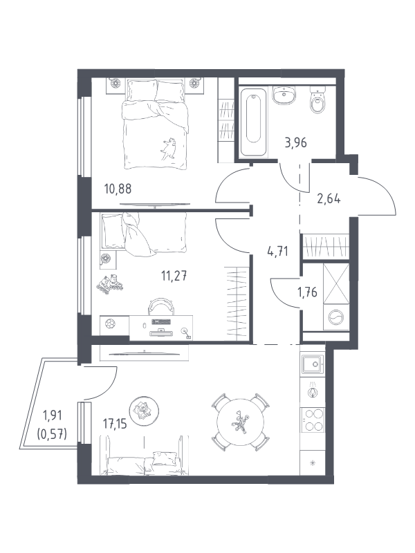 3 ккв (Евро) 52,9 м²