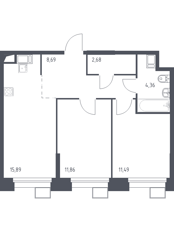 3 ккв (Евро) 55 м²