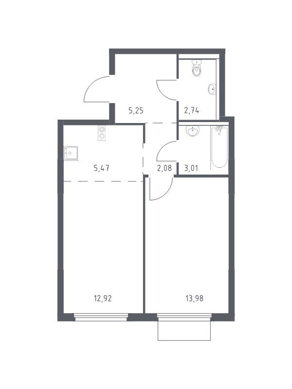 2 ккв (Евро) 45,5 м²