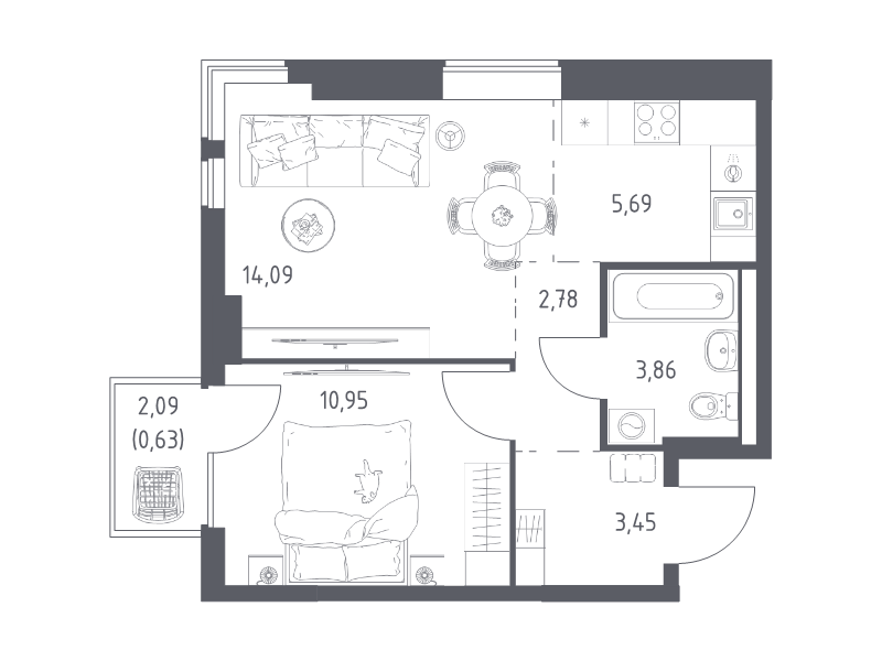 2 ккв (Евро) 41,5 м²