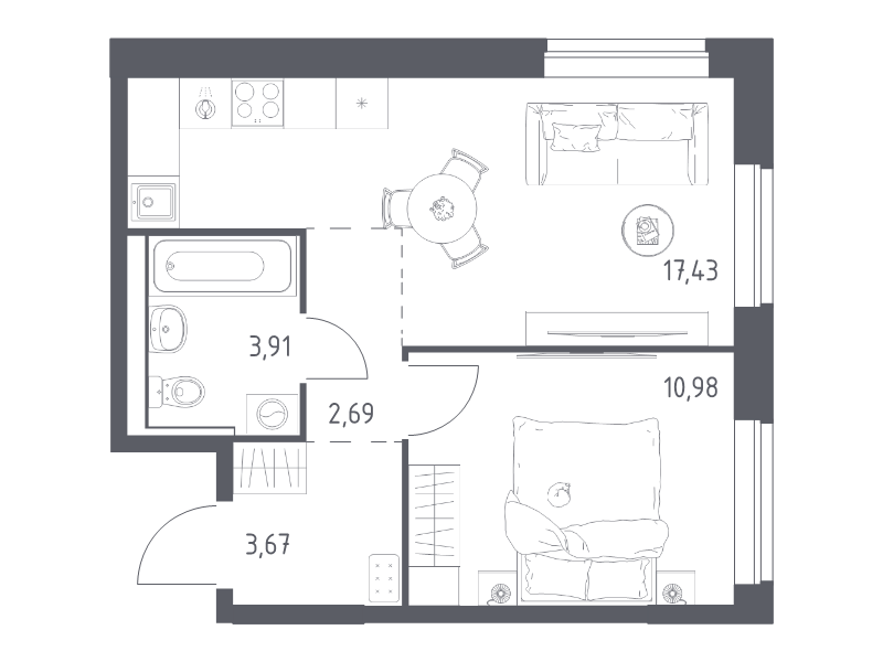 2 ккв (Евро) 38,7 м²