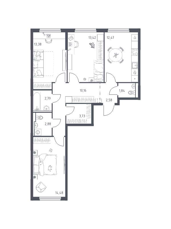 3 ккв 77,7 м²