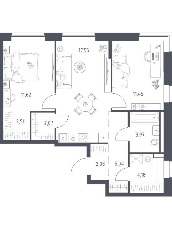 3 ккв (Евро) 60,5 м²