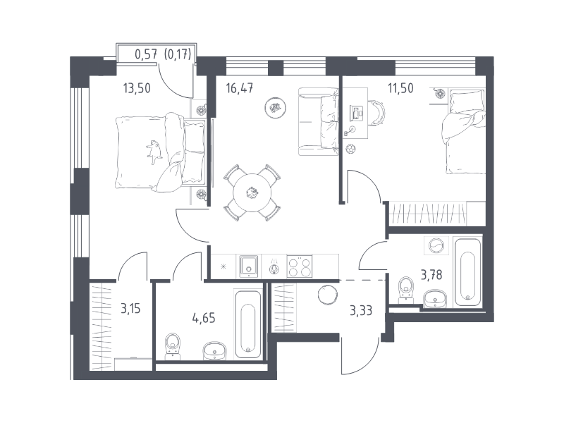 3 ккв (Евро) 56,6 м²