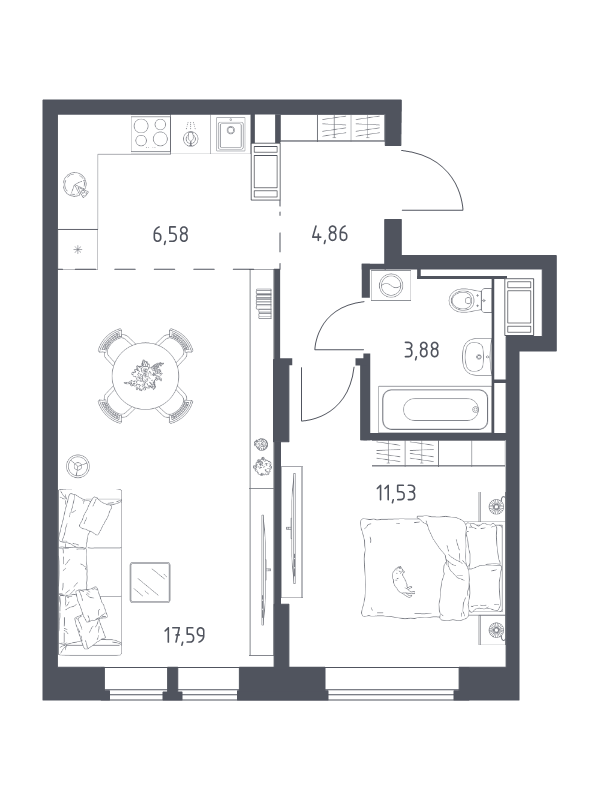 2 ккв (Евро) 44,4 м²