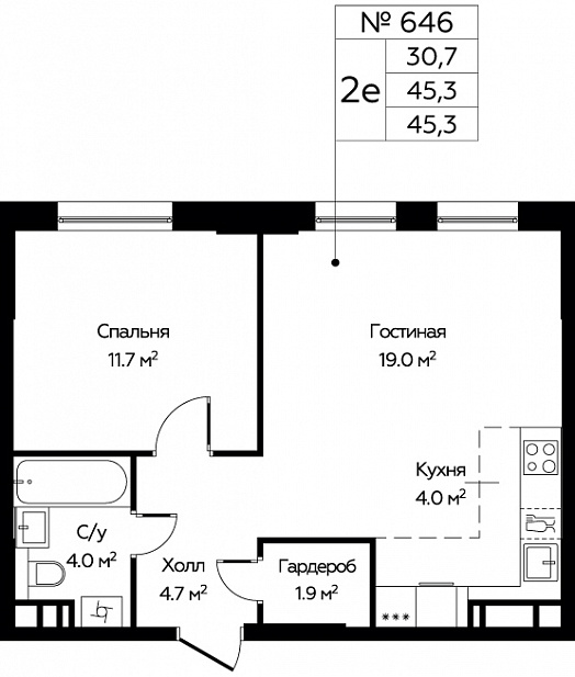 2 ккв (Евро) 44,8 м²