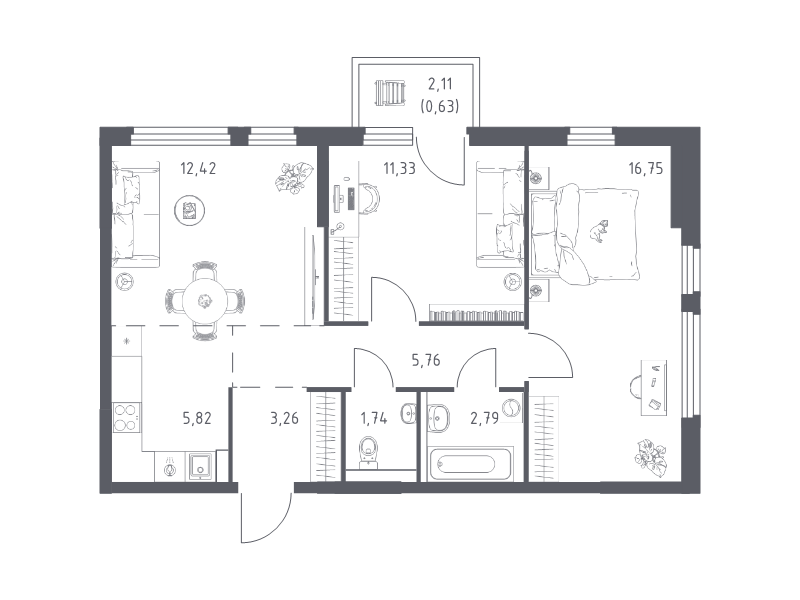 3 ккв (Евро) 60,5 м²