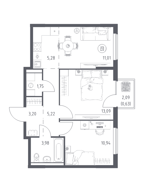 3 ккв (Евро) 55,1 м²