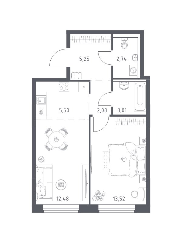 2 ккв (Евро) 44,6 м²