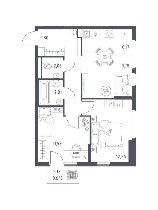 3 ккв (Евро) 55,6 м²