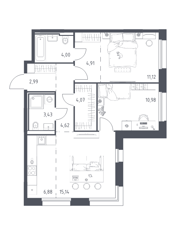 3 ккв (Евро) 68,1 м²
