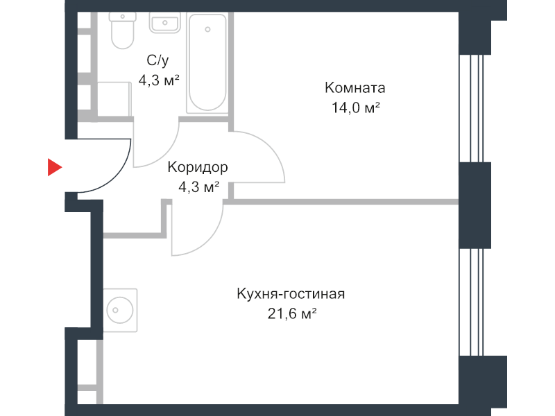 2 ккв (Евро) 43,9 м²