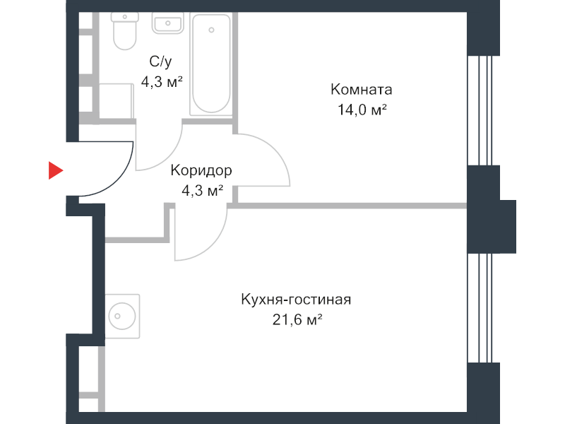 2 ккв (Евро) 43,9 м²