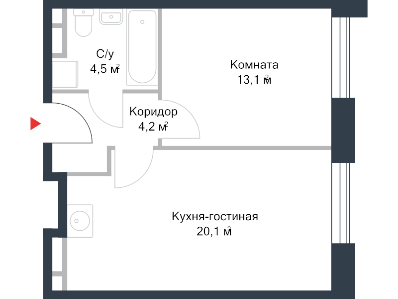 2 ккв (Евро) 42 м²