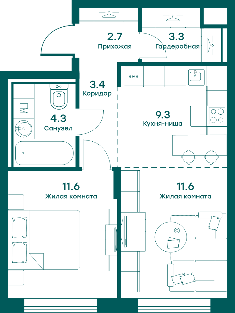2 ккв (Евро) 46,2 м²