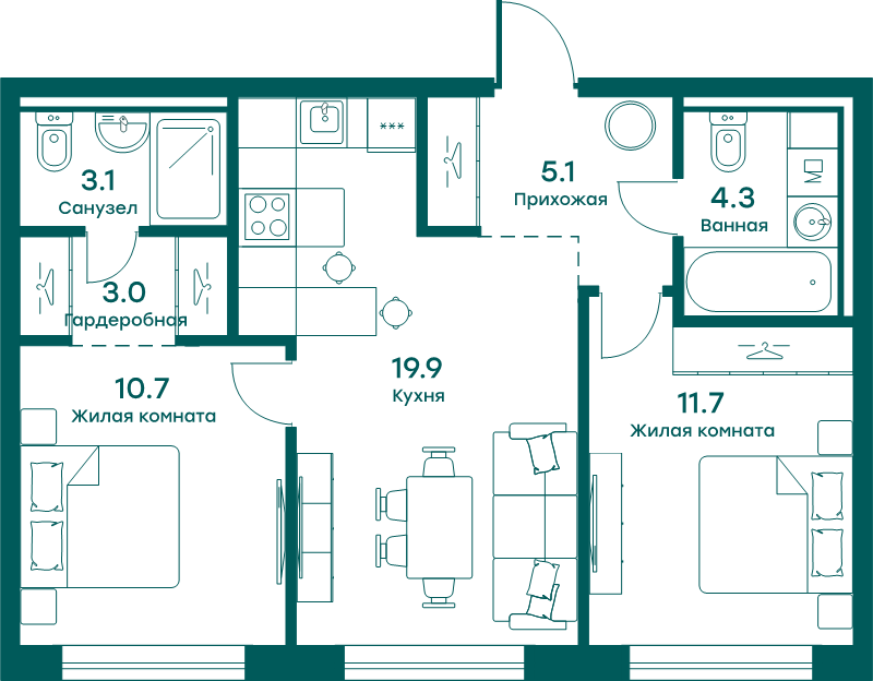 3 ккв (Евро) 57,8 м²