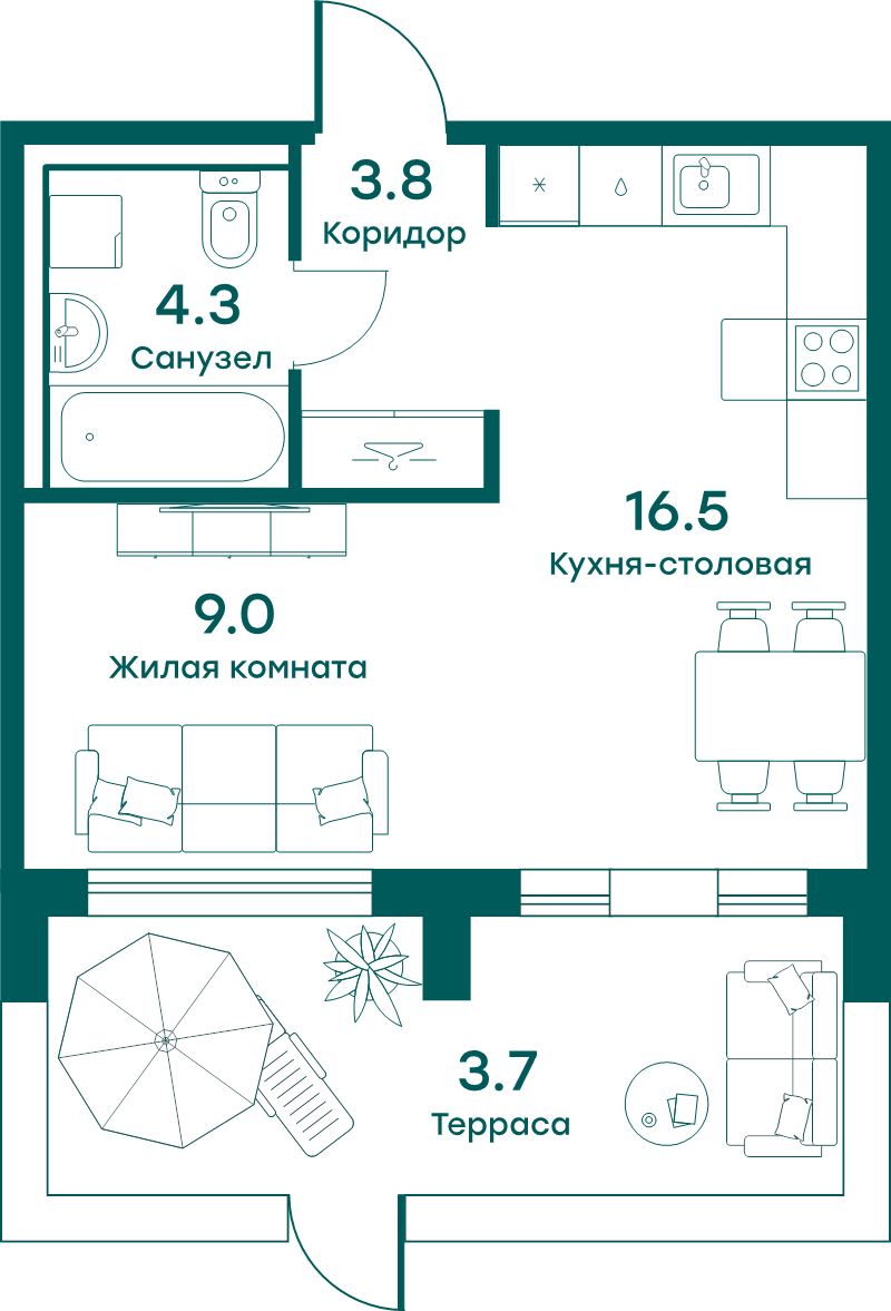 Студия 37,3 м²