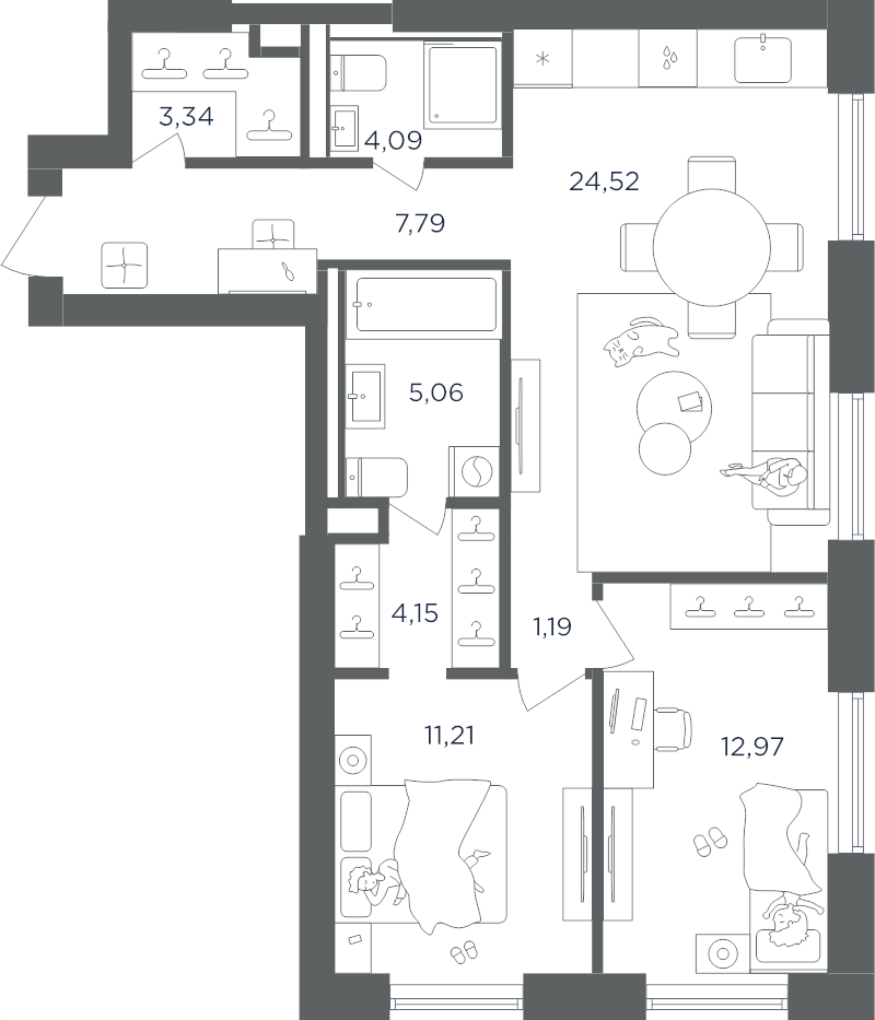 3 ккв (Евро) 74,3 м²