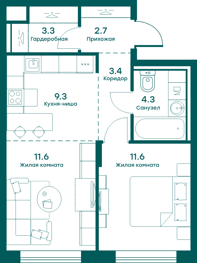 2 ккв (Евро) 46,2 м²