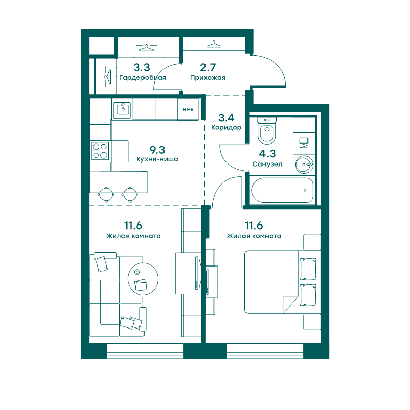 2 ккв (Евро) 46,2 м²