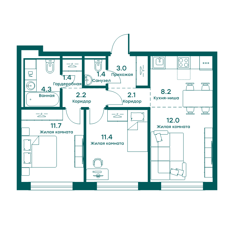3 ккв (Евро) 57,7 м²