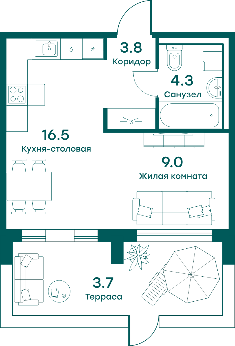 Студия 37,3 м²