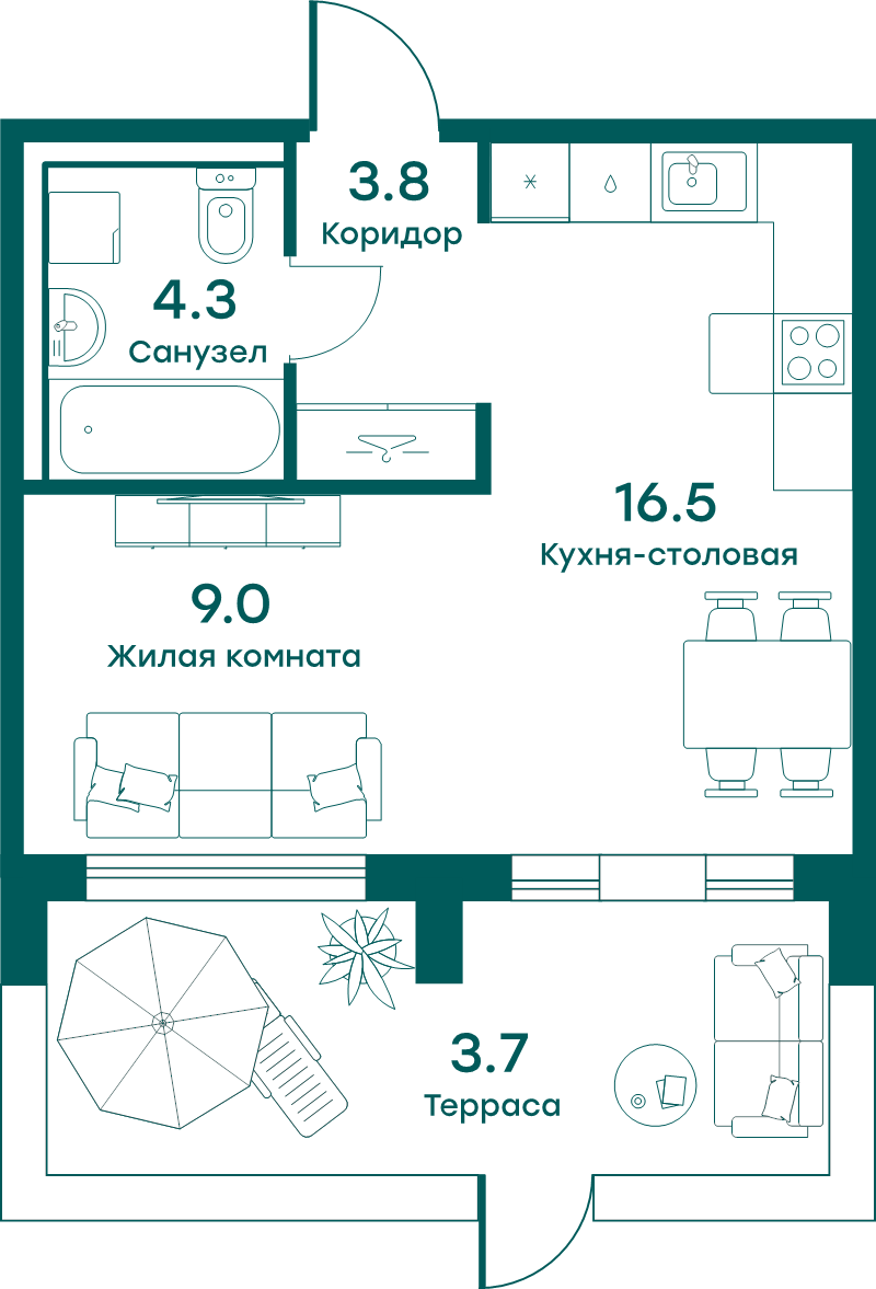 Студия 37,3 м²