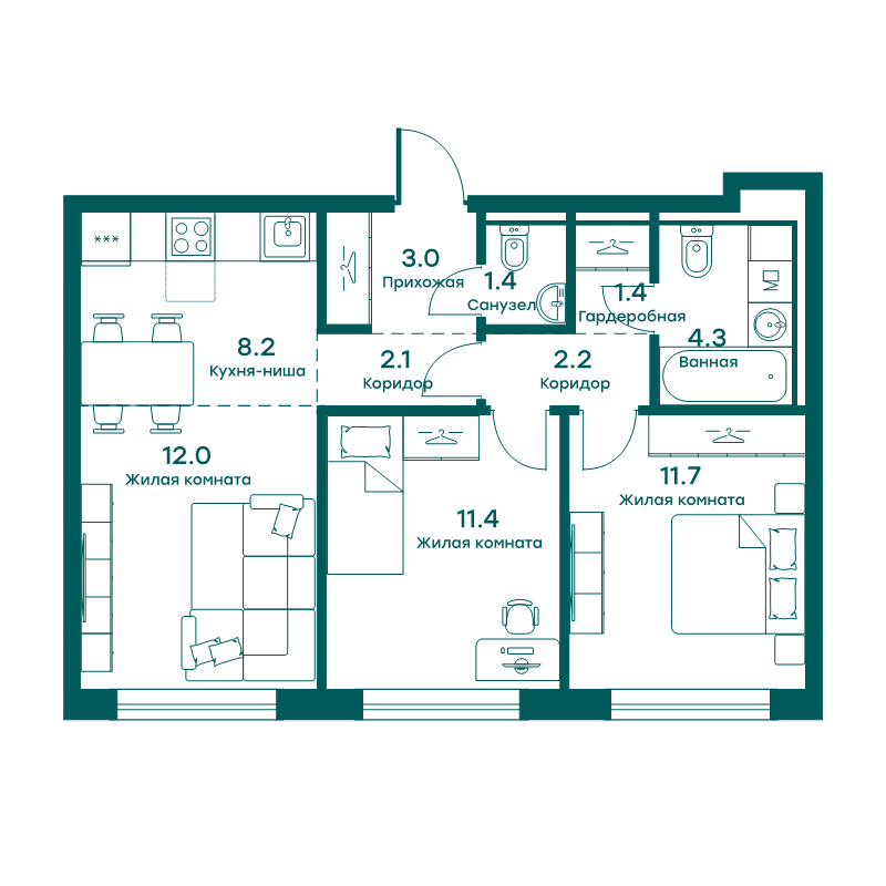 3 ккв (Евро) 57,7 м²