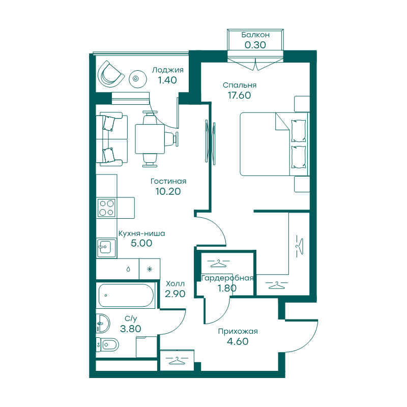 2 ккв (Евро) 45,9 м²