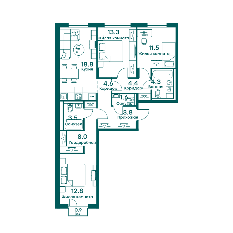4 ккв (Евро) 86,9 м²
