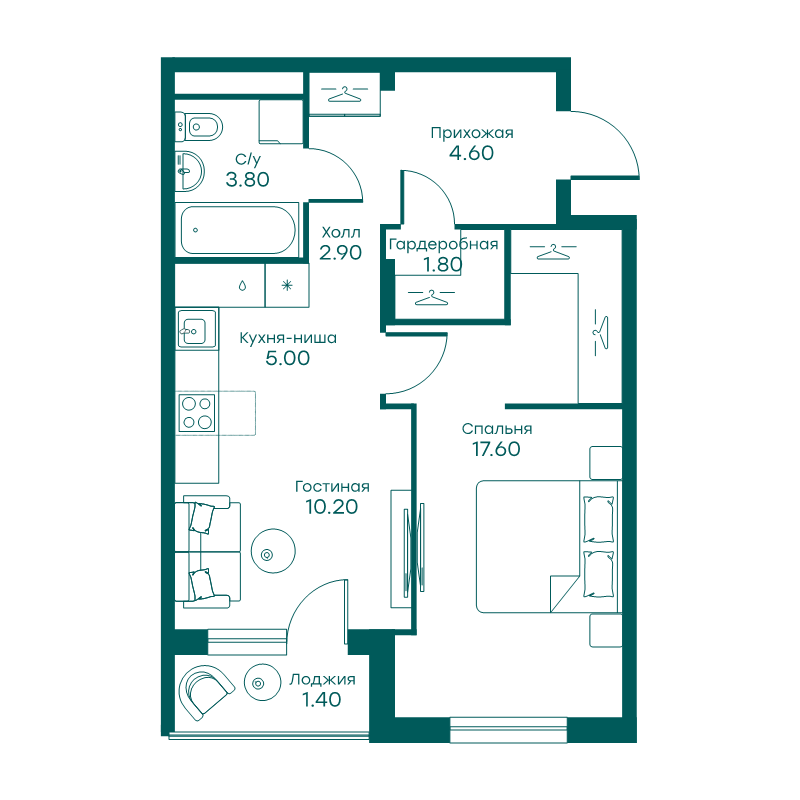 2 ккв (Евро) 45,4 м²