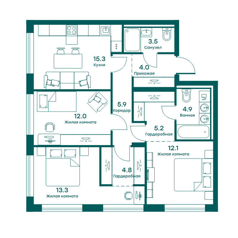 4 ккв (Евро) 81 м²
