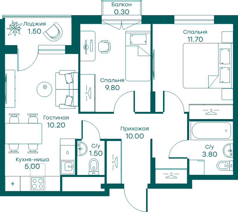 3 ккв (Евро) 53,9 м²