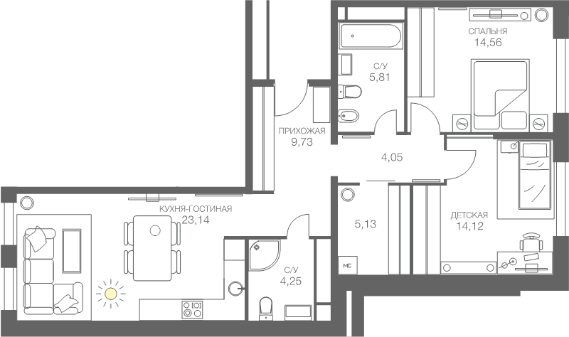 3 ккв (Евро) 81,1 м²