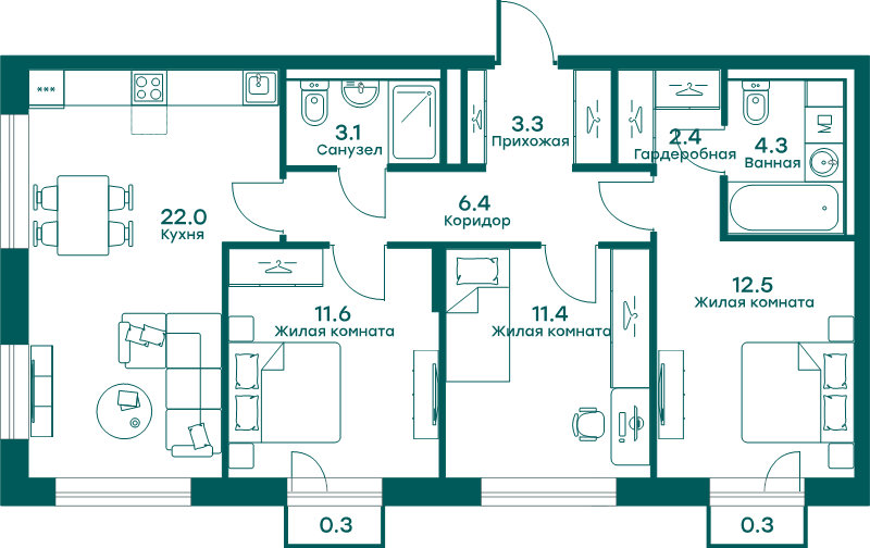 4 ккв (Евро) 77,6 м²