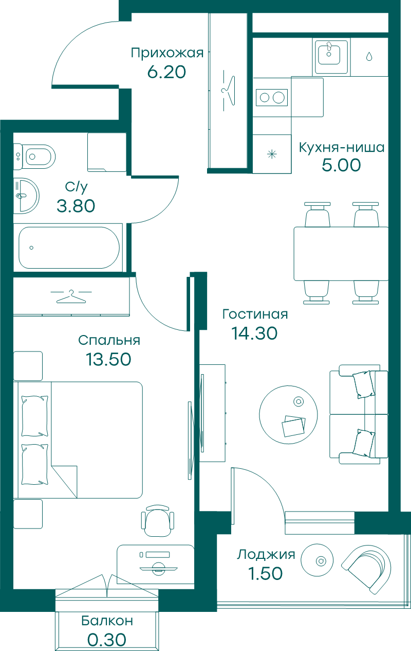 2 ккв (Евро) 42,7 м²