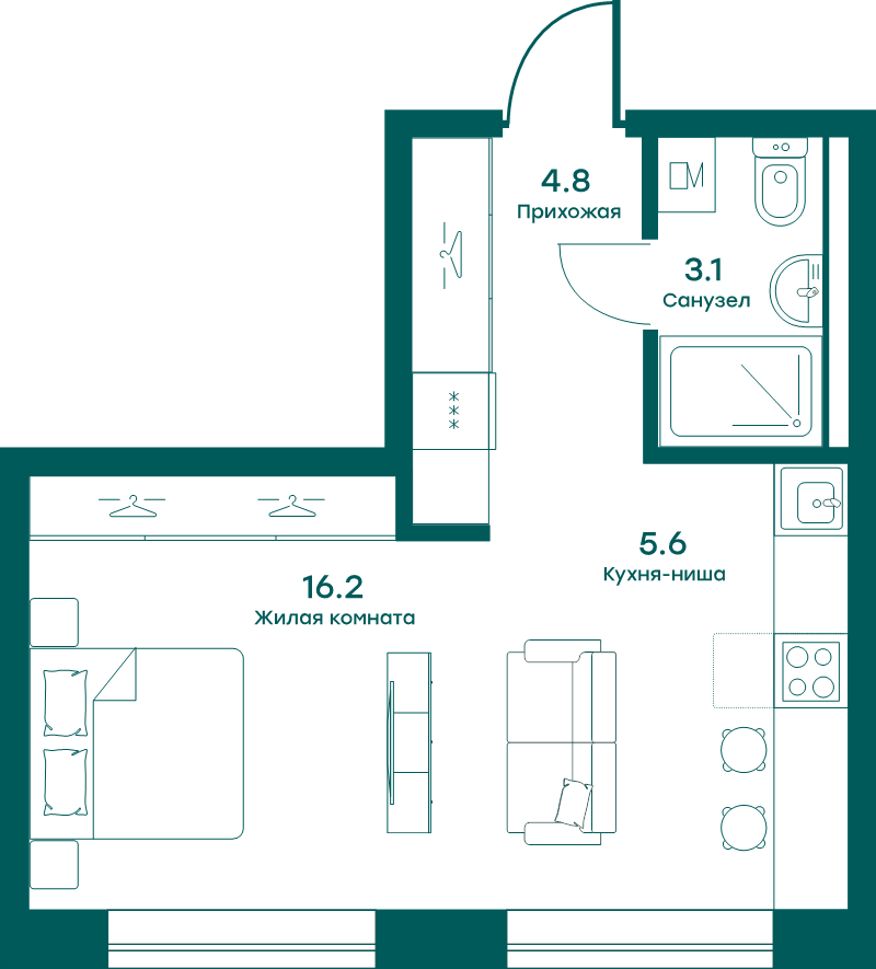 Студия 29,7 м²