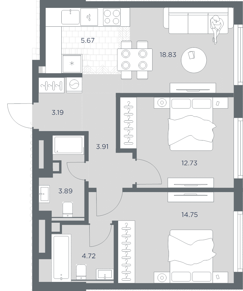 3 ккв (Евро) 62,7 м²