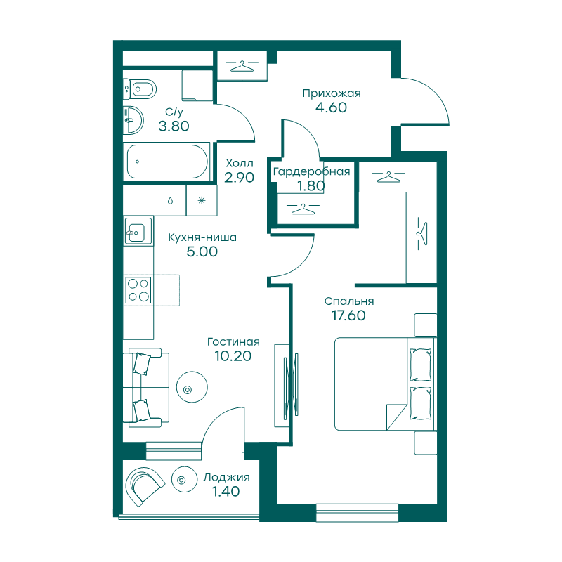 2 ккв (Евро) 45,9 м²