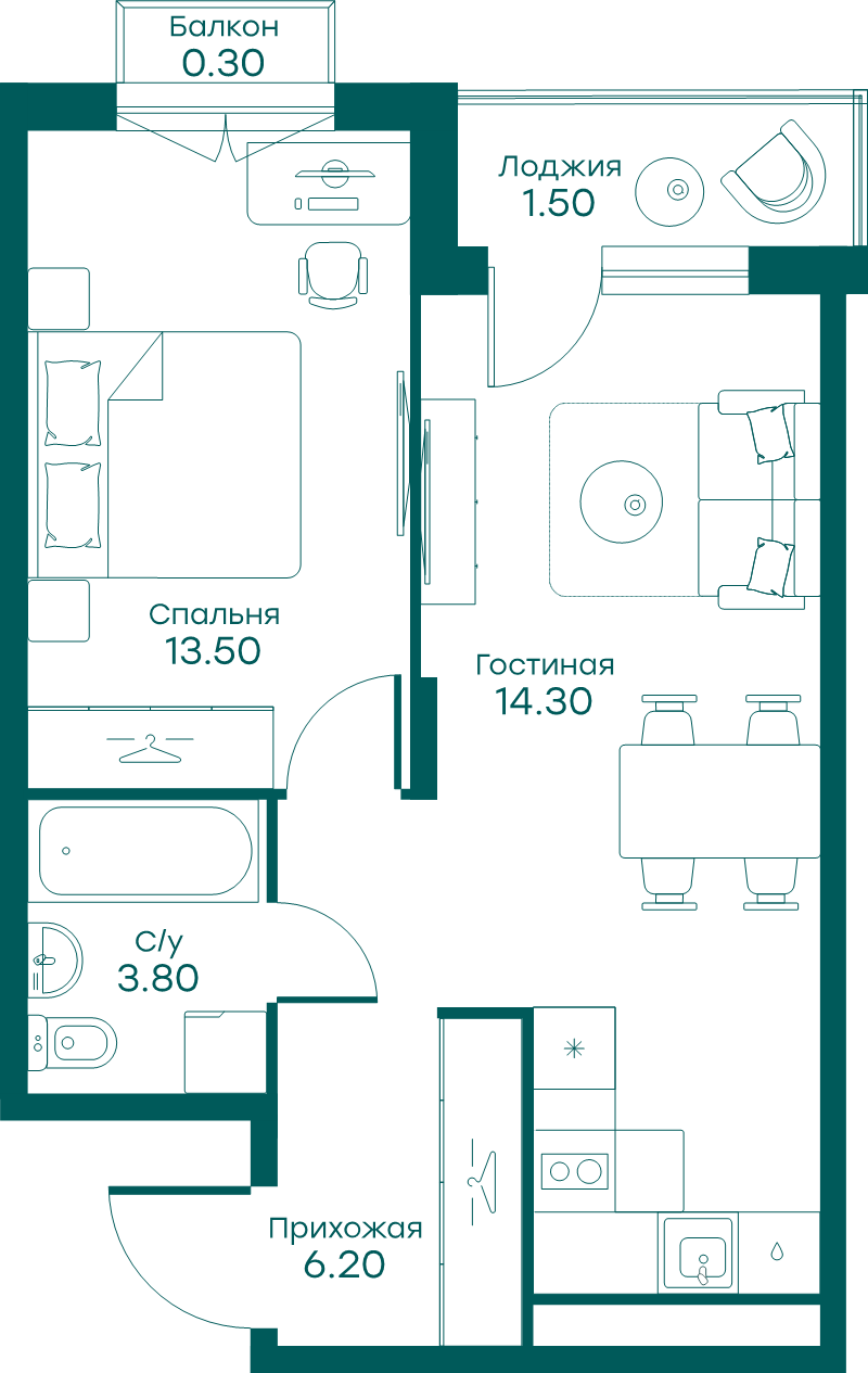 2 ккв (Евро) 42,9 м²