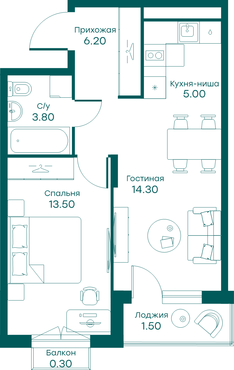 2 ккв (Евро) 44,4 м²