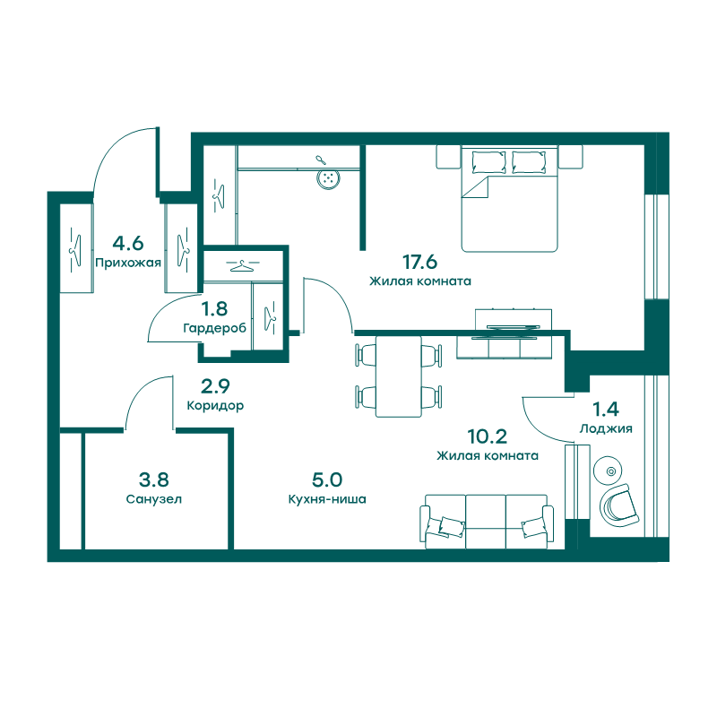 2 ккв (Евро) 45,9 м²