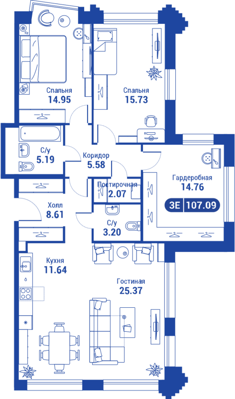3 ккв 107 м²